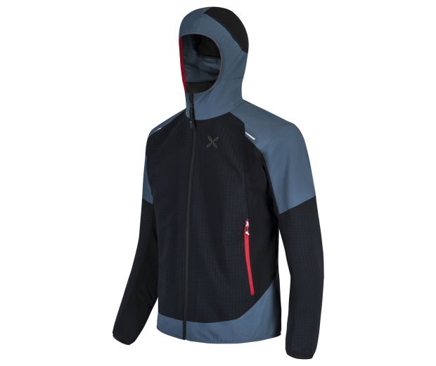 a black and blue jacket with a hood
